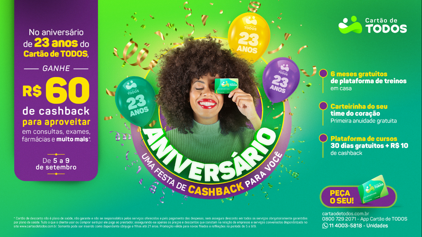 Promoção de aniversário do Cartão de TODOS tem cashback para novos clientes